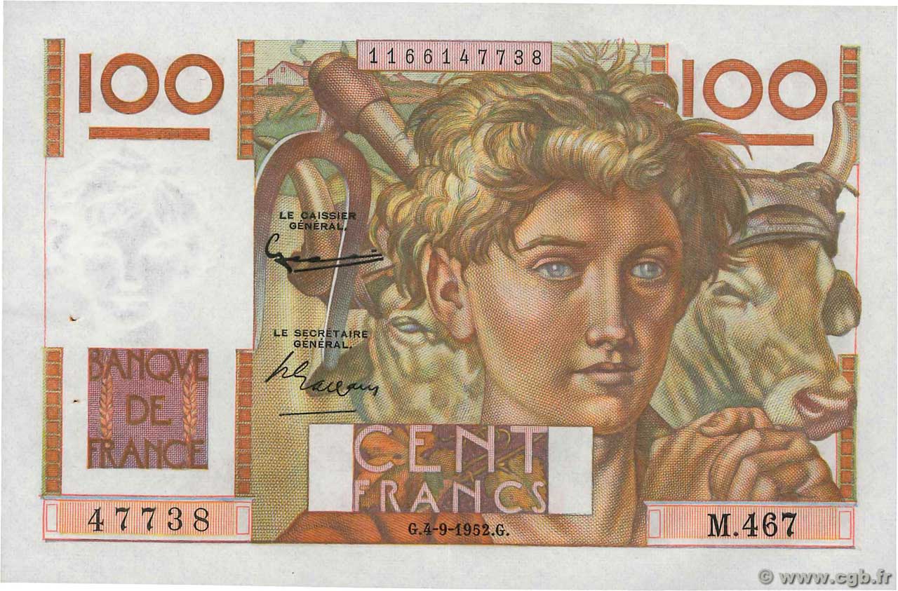 100 Francs JEUNE PAYSAN FRANCE  1952 F.28.33 pr.SPL