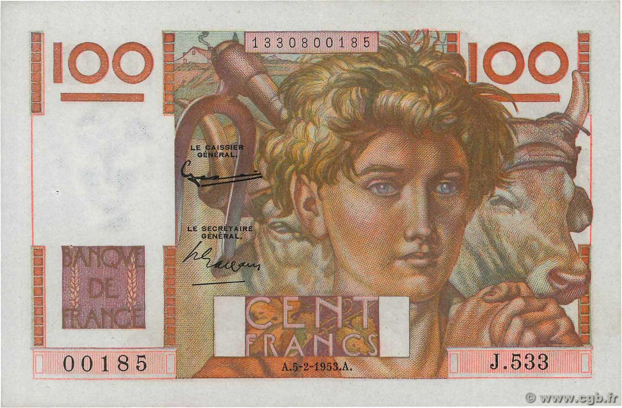 100 Francs JEUNE PAYSAN FRANCIA  1953 F.28.36 SPL+