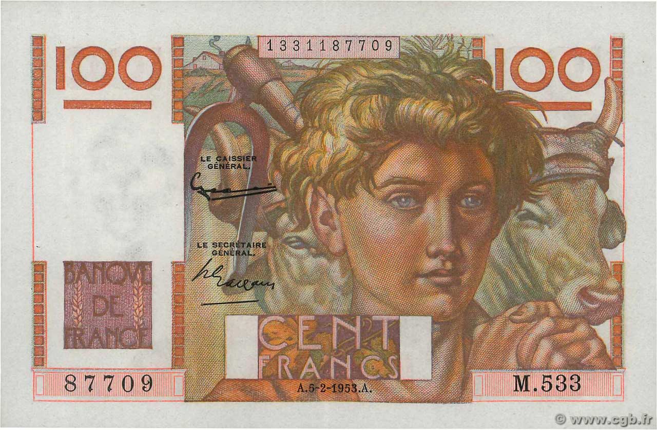 100 Francs JEUNE PAYSAN FRANCE  1953 F.28.36 SUP+