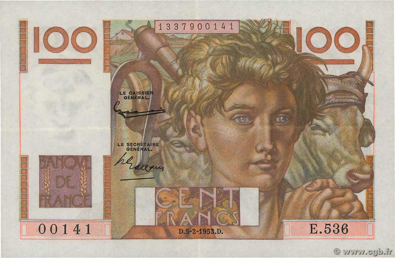 100 Francs JEUNE PAYSAN FRANCE  1953 F.28.36 SUP