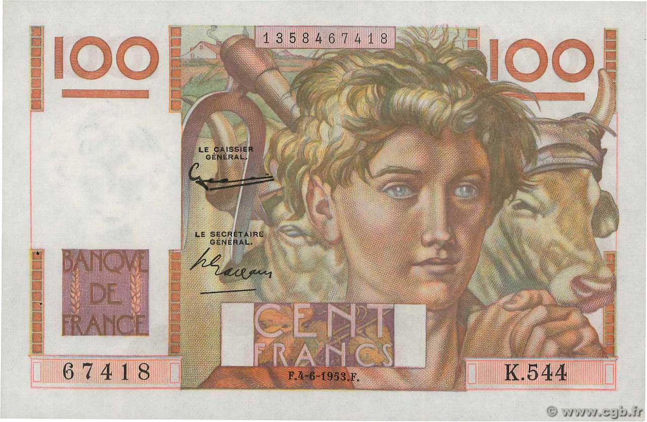 100 Francs JEUNE PAYSAN FRANCIA  1953 F.28.37 SC