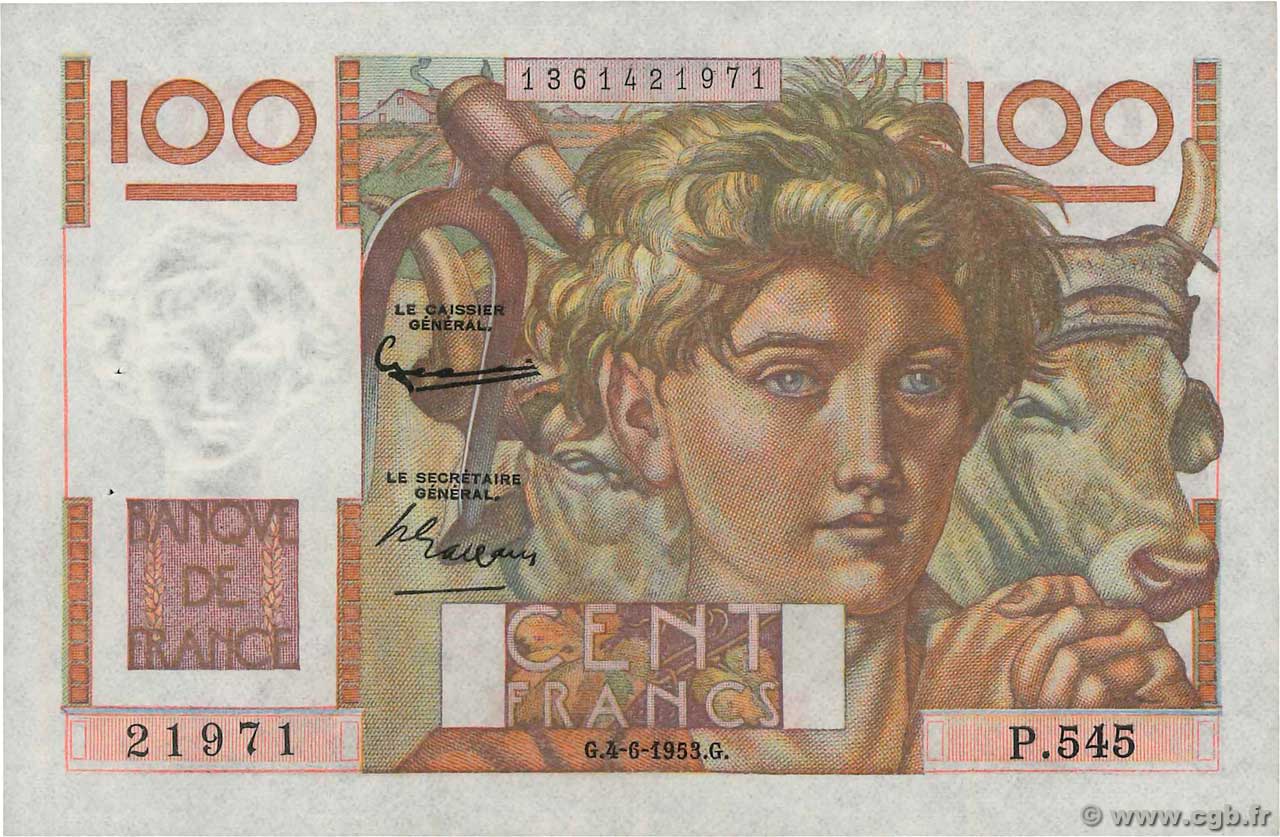 100 Francs JEUNE PAYSAN FRANCE  1953 F.28.37 SUP+