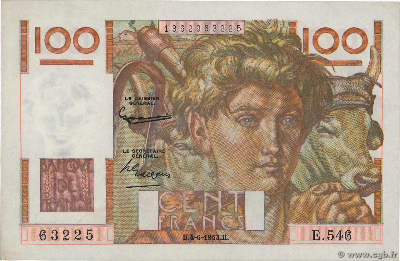 100 Francs JEUNE PAYSAN FRANCIA  1953 F.28.37 q.FDC