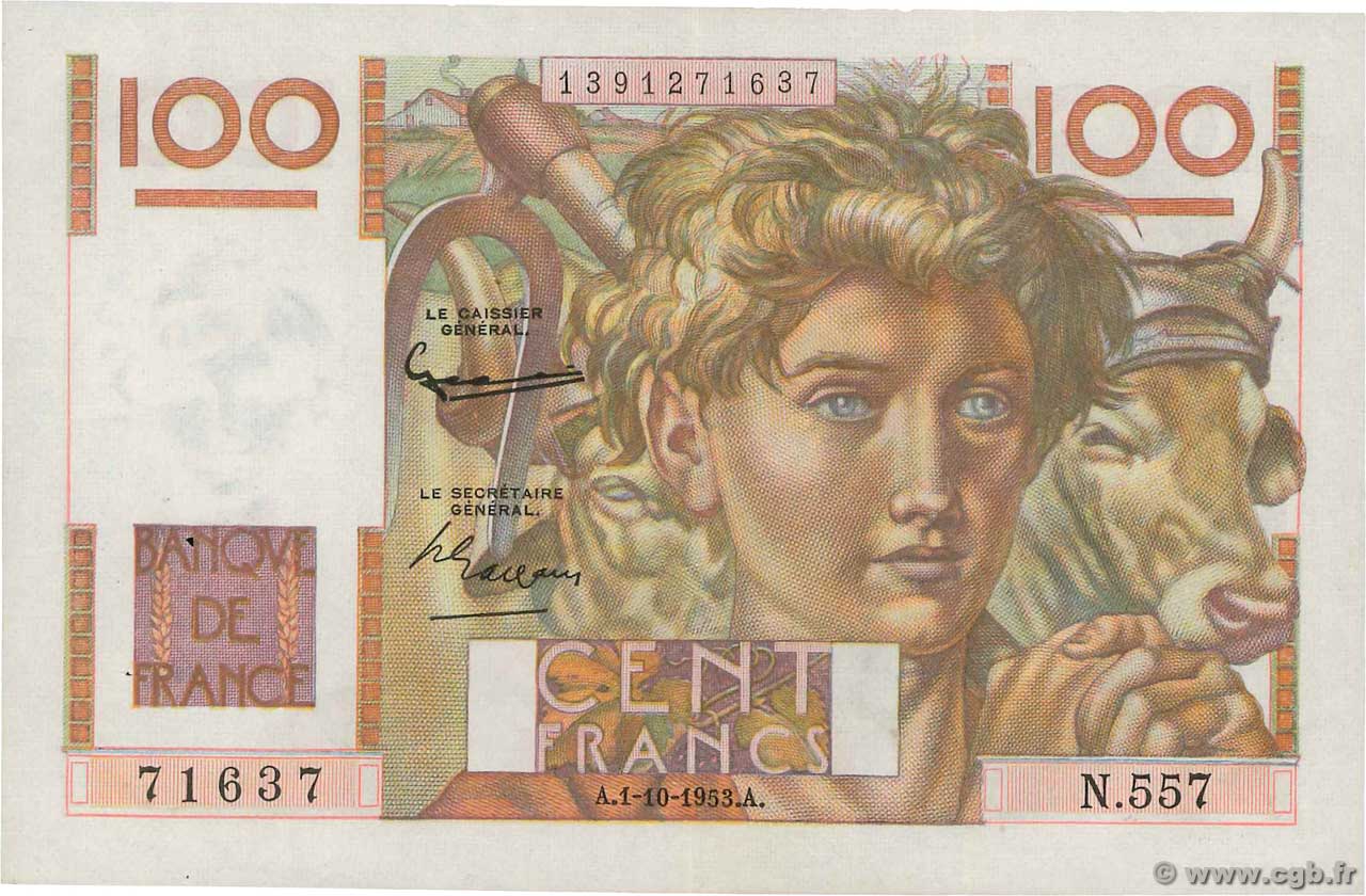 100 Francs JEUNE PAYSAN FRANCIA  1953 F.28.39 EBC+