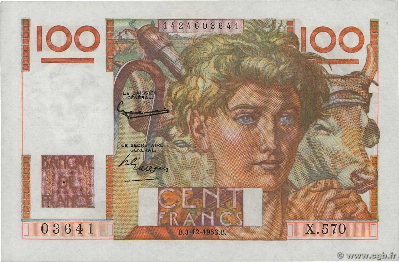 100 Francs JEUNE PAYSAN FRANKREICH  1953 F.28.40 VZ+