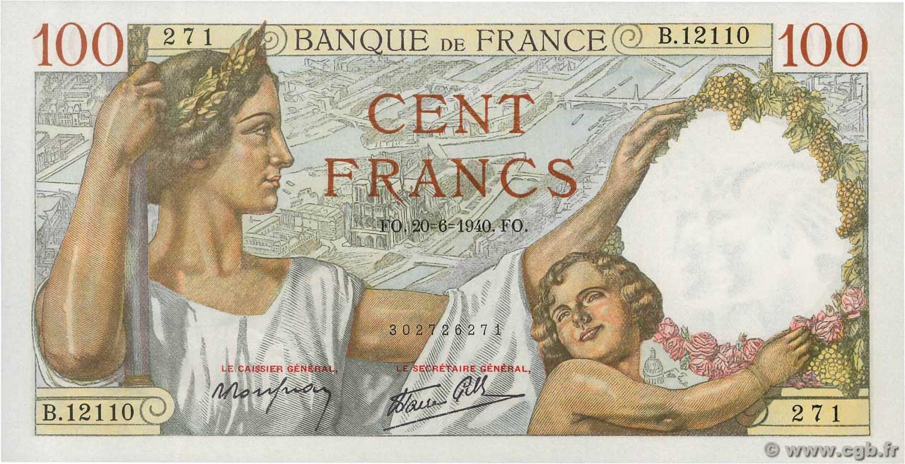 100 Francs SULLY FRANKREICH  1940 F.26.32 fST+