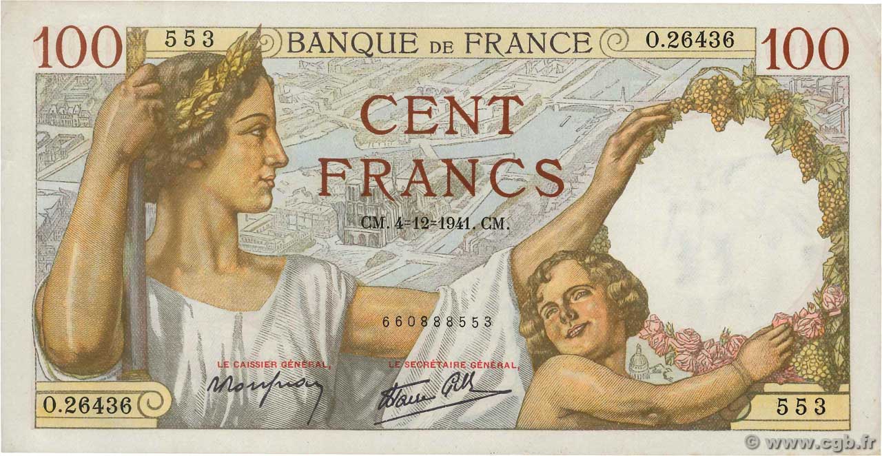 100 Francs SULLY FRANCE  1941 F.26.62 pr.NEUF