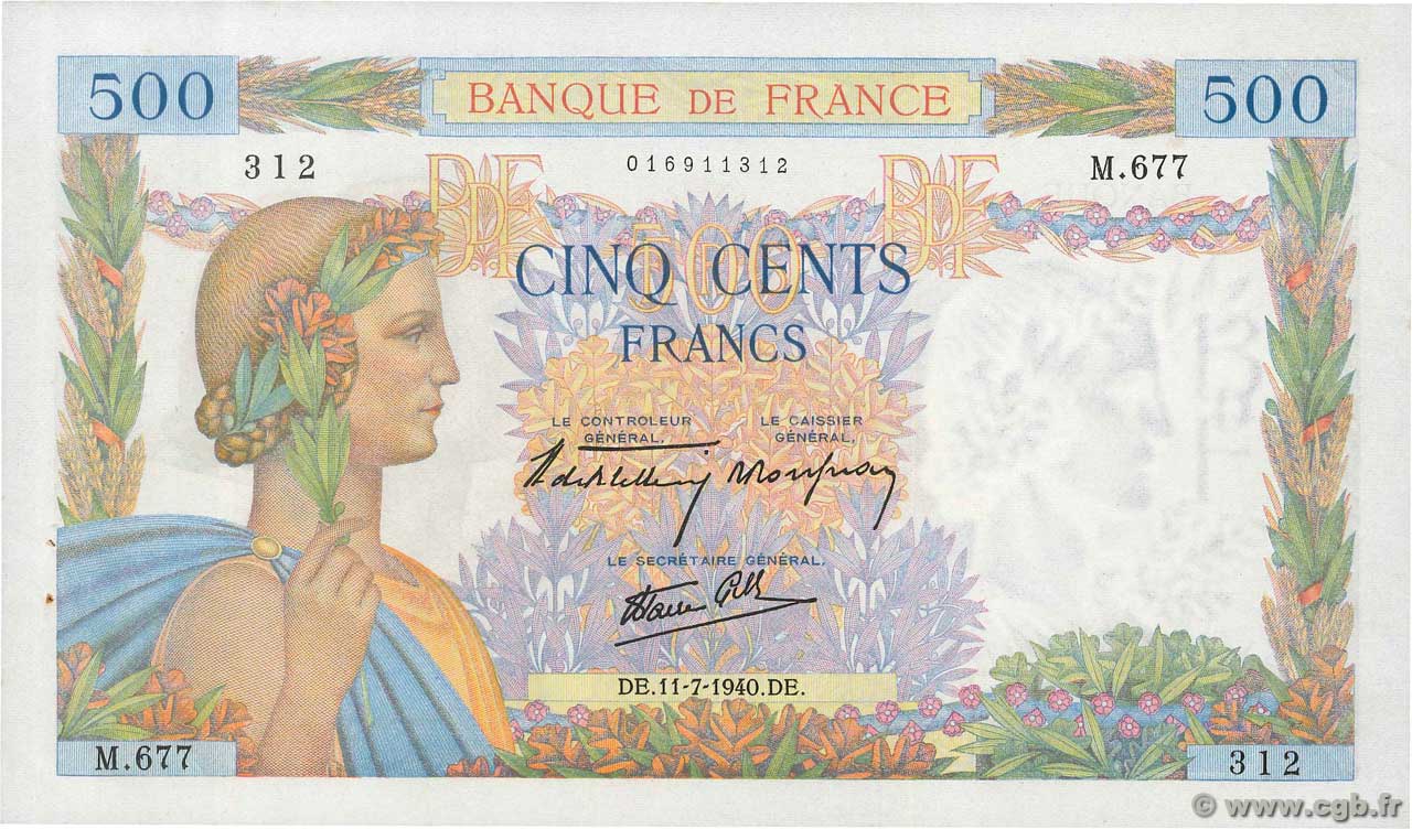 500 Francs LA PAIX FRANCE  1940 F.32.04 SPL
