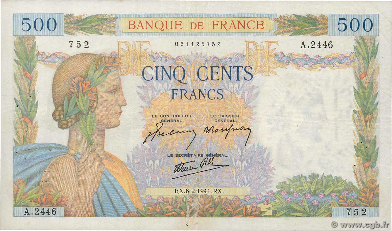 500 Francs LA PAIX FRANKREICH  1941 F.32.14 SS