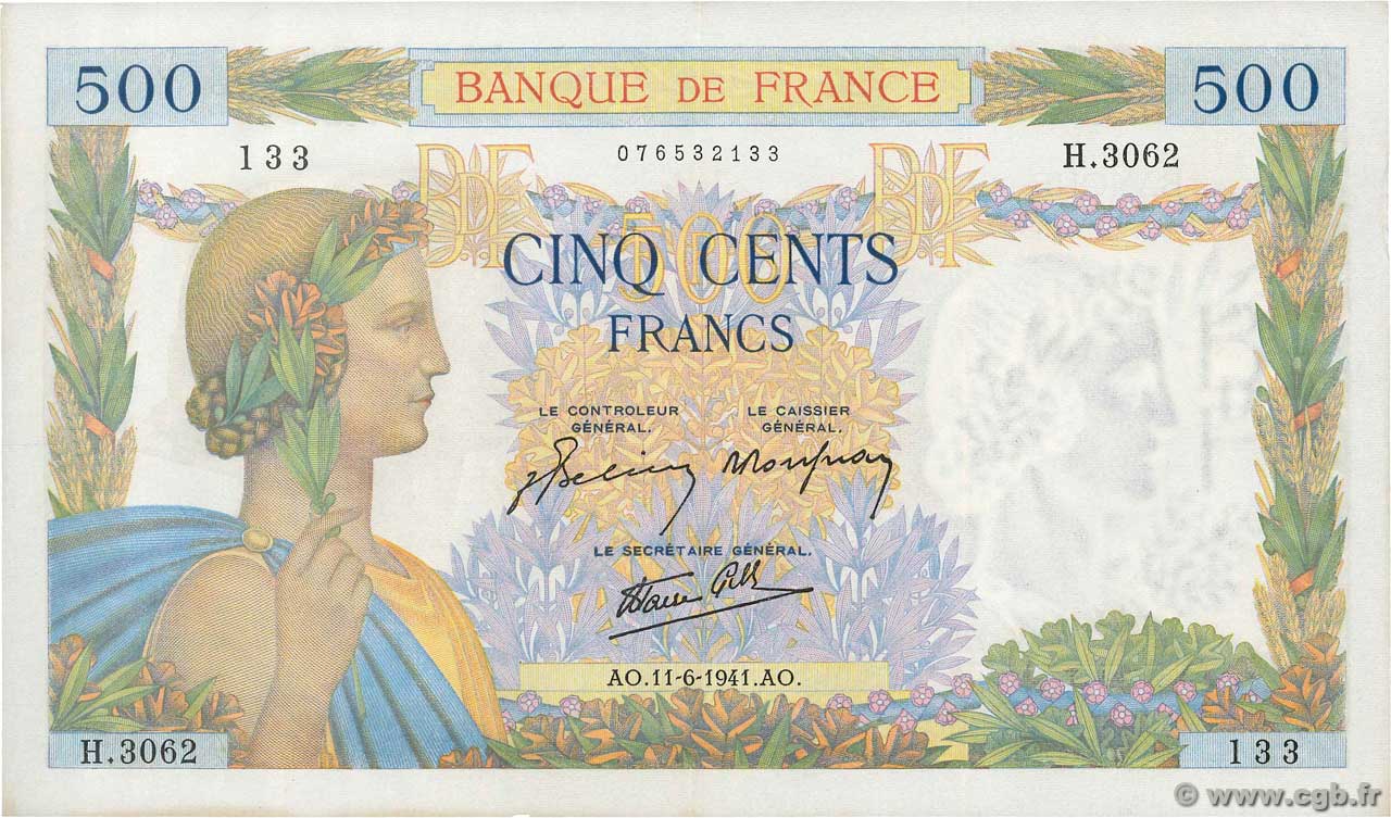 500 Francs LA PAIX FRANKREICH  1941 F.32.18 fST