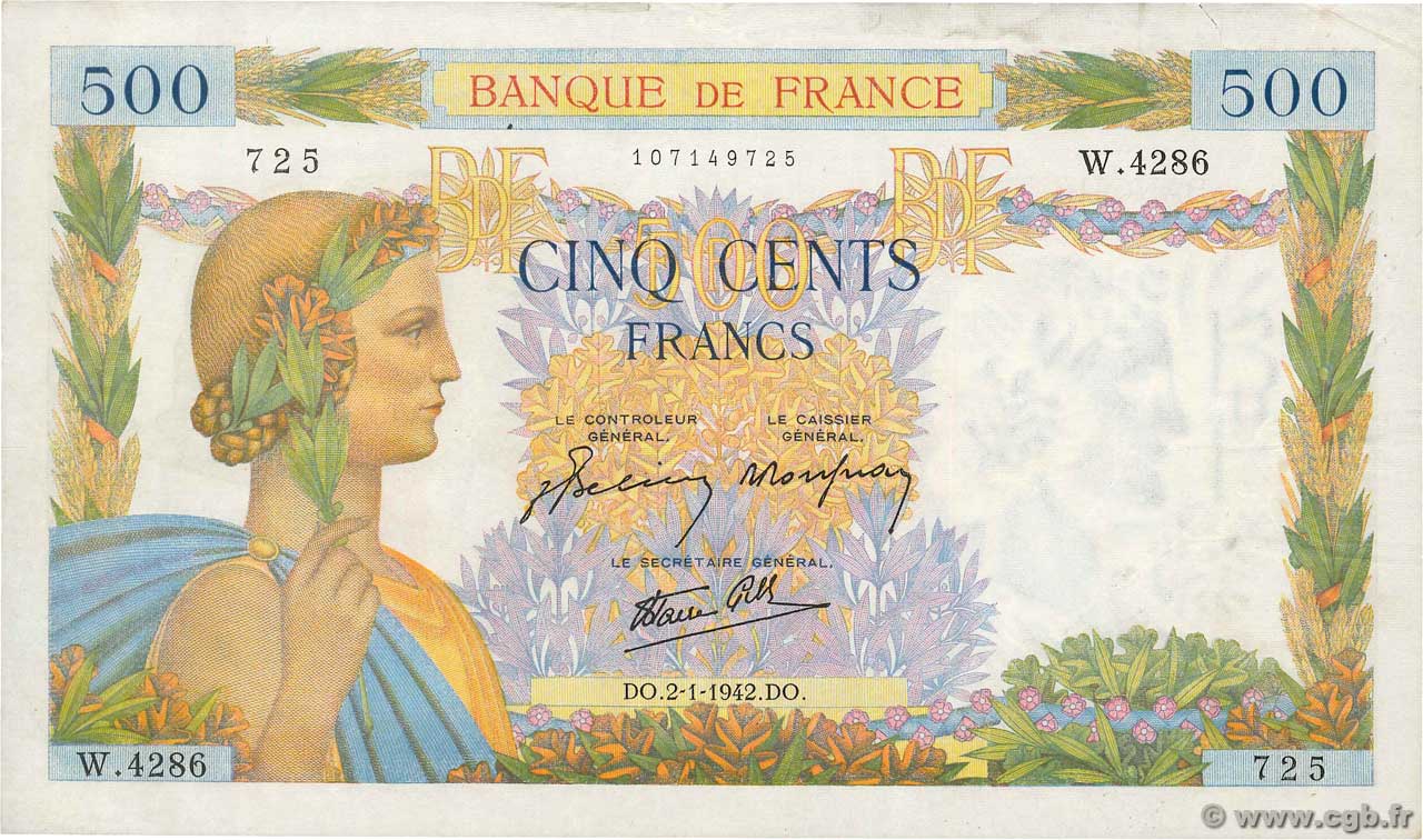500 Francs LA PAIX FRANCE  1942 F.32.26 pr.SUP