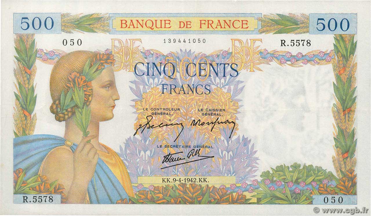 500 Francs LA PAIX FRANCE  1942 F.32.34 XF+