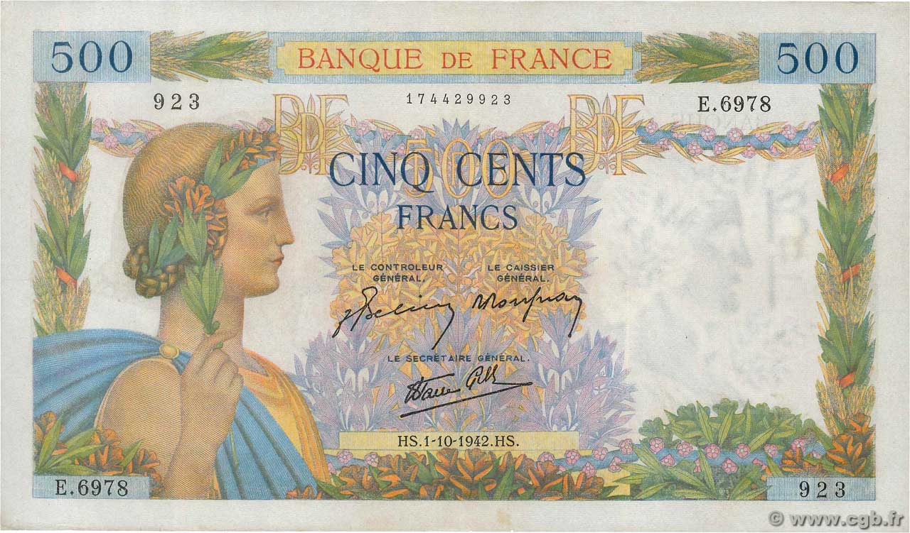 500 Francs LA PAIX FRANKREICH  1942 F.32.41 fST