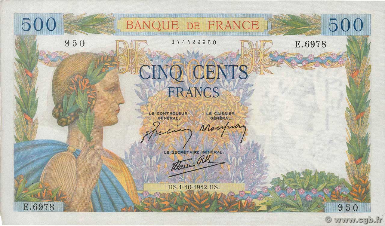 500 Francs LA PAIX FRANKREICH  1942 F.32.41 VZ