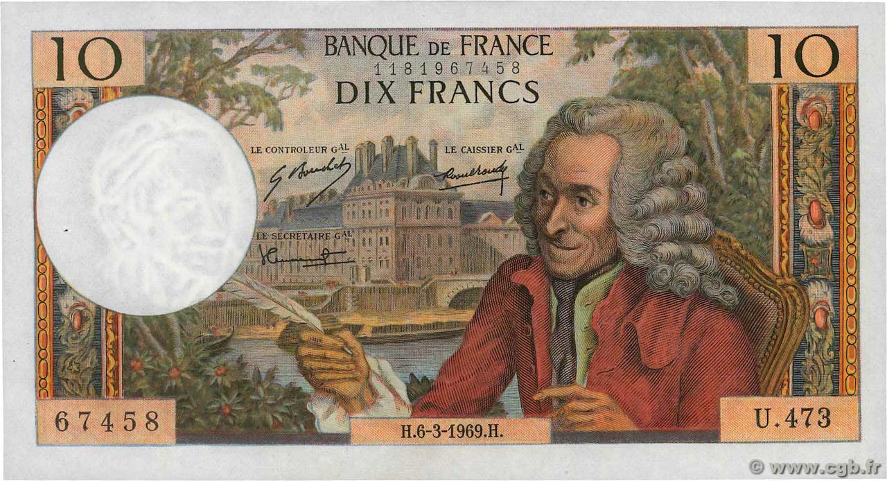 10 Francs VOLTAIRE FRANCE  1969 F.62.37 SUP+