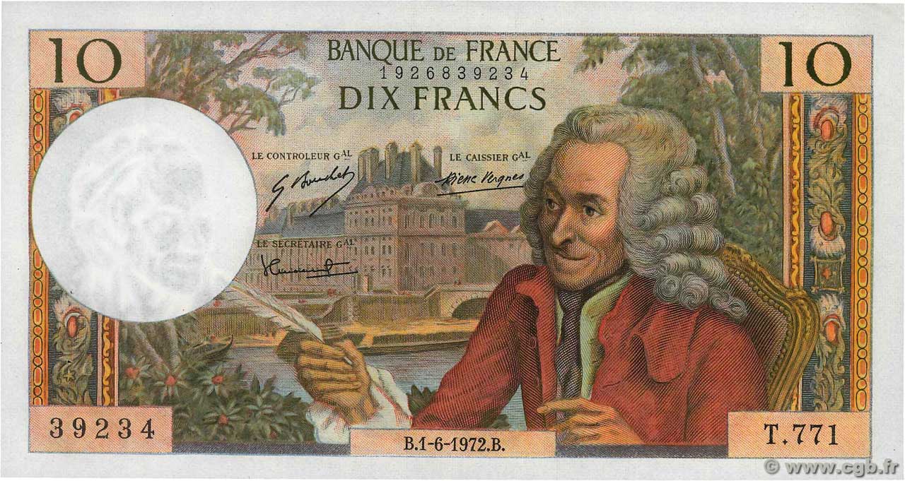 10 Francs VOLTAIRE FRANCE  1972 F.62.56 AU