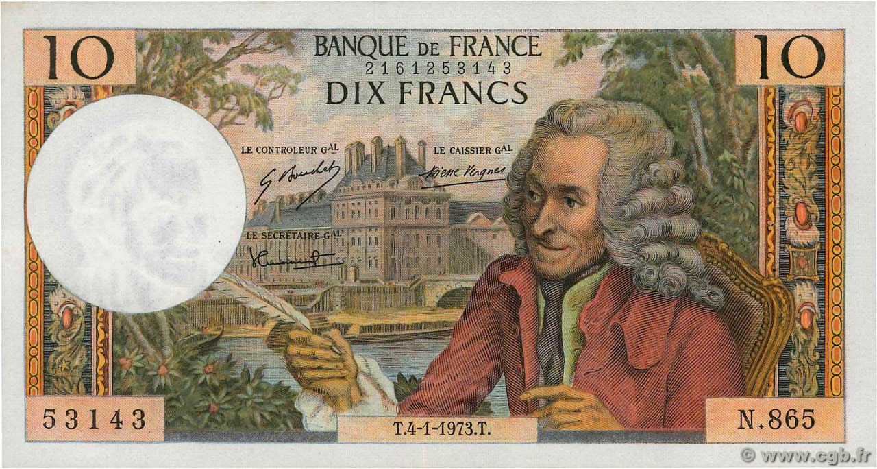 10 Francs VOLTAIRE FRANKREICH  1973 F.62.60 fST