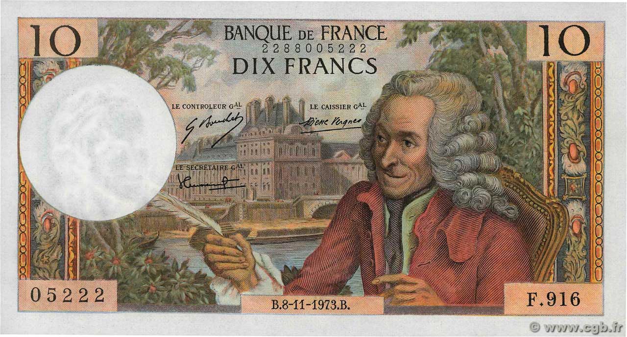 10 Francs VOLTAIRE FRANCE  1973 F.62.64 AU