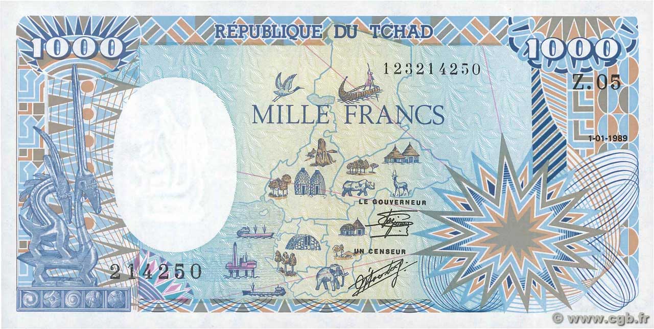 1000 Francs type 1985 modifié TCHAD  1989 A.287c NEUF