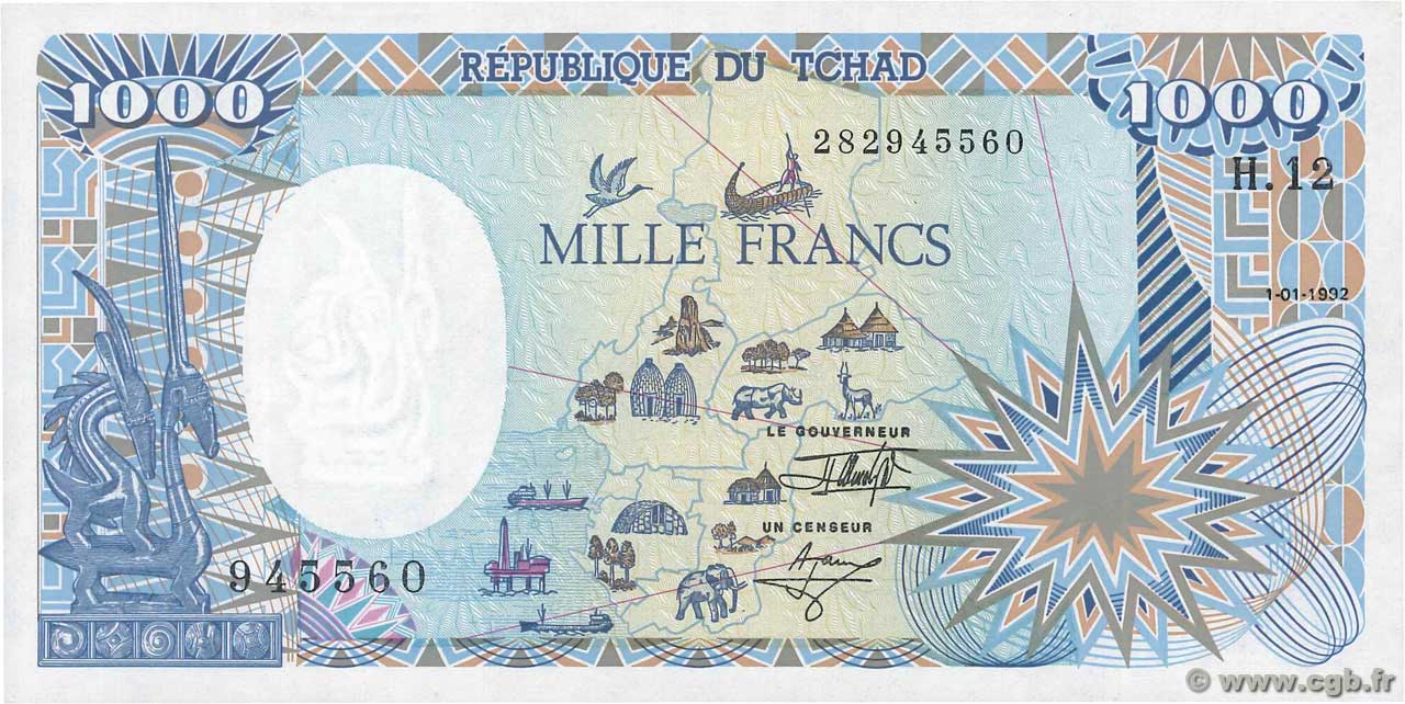1000 Francs type 1985 modifié TCHAD  1992 A.287f SPL