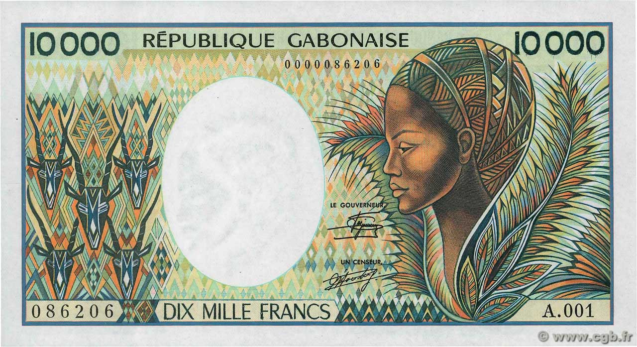 10000 Francs GABON  1984 P.07a AU+