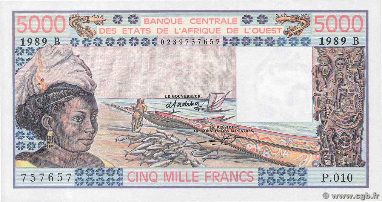 5000 Francs WEST AFRIKANISCHE STAATEN  1989 P.208Bd fST