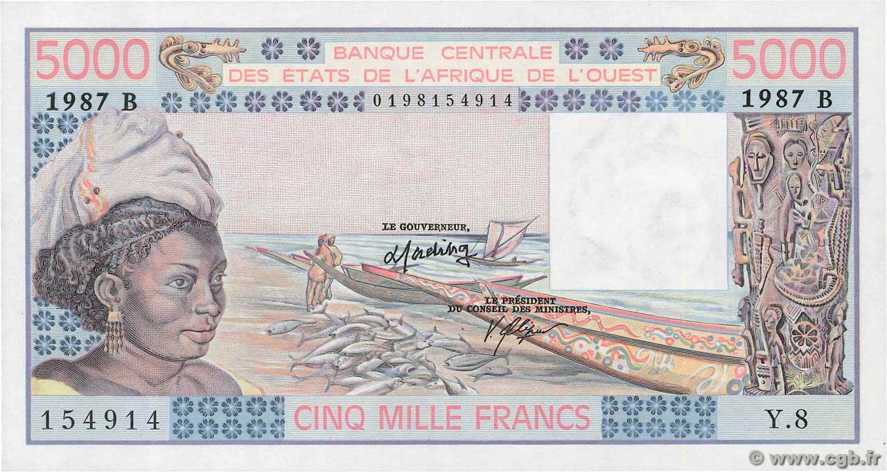 5000 Francs WEST AFRICAN STATES  1987 P.208Bk AU