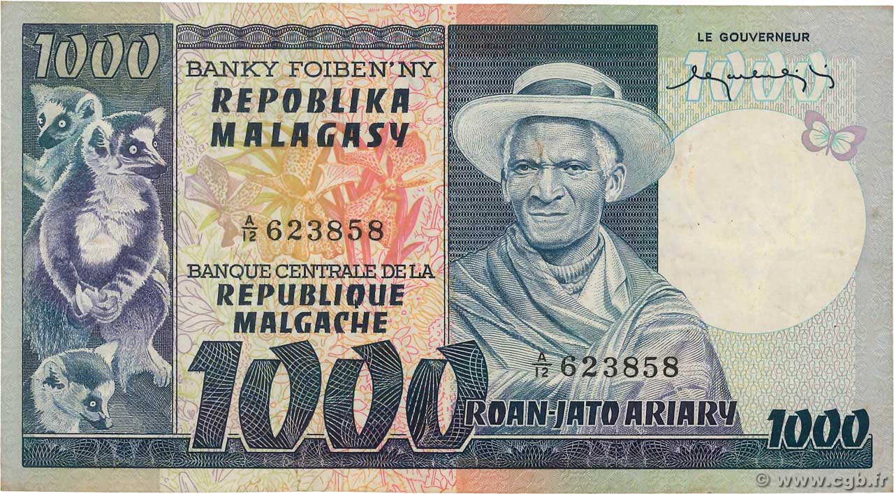 1000 Francs - 200 Ariary MADAGASCAR  1974 P.065a BB