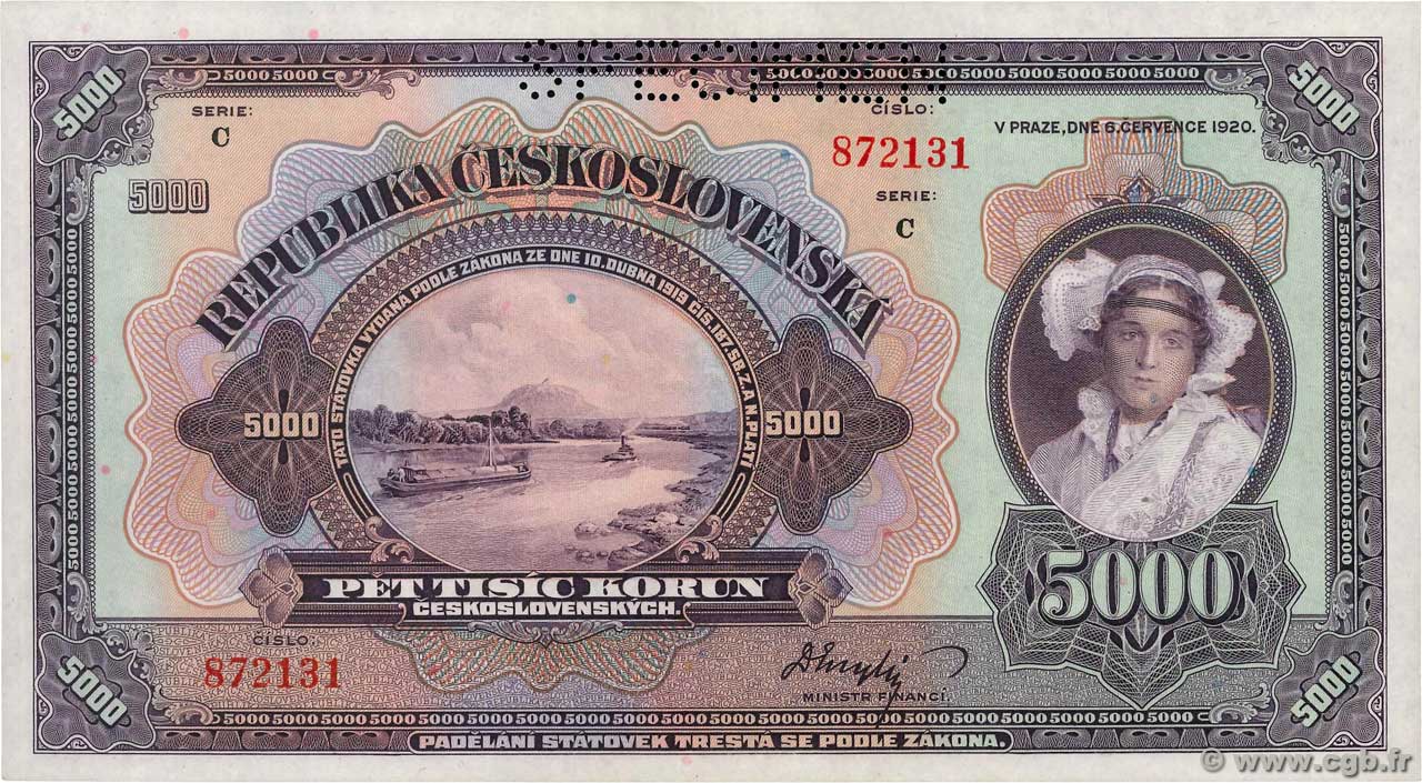 5000 Korun Spécimen TSCHECHOSLOWAKEI  1920 P.019s fST+
