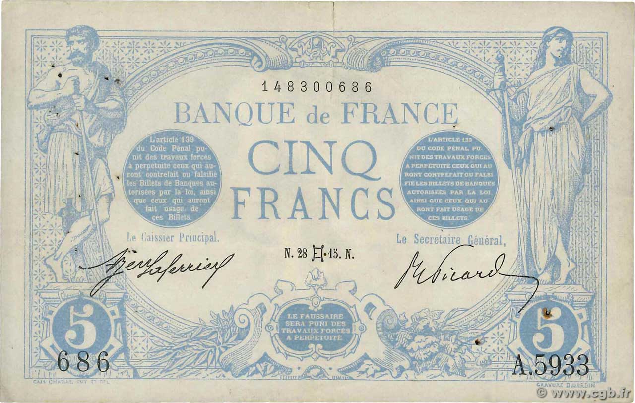 5 Francs BLEU FRANCE  1915 F.02.27 VF