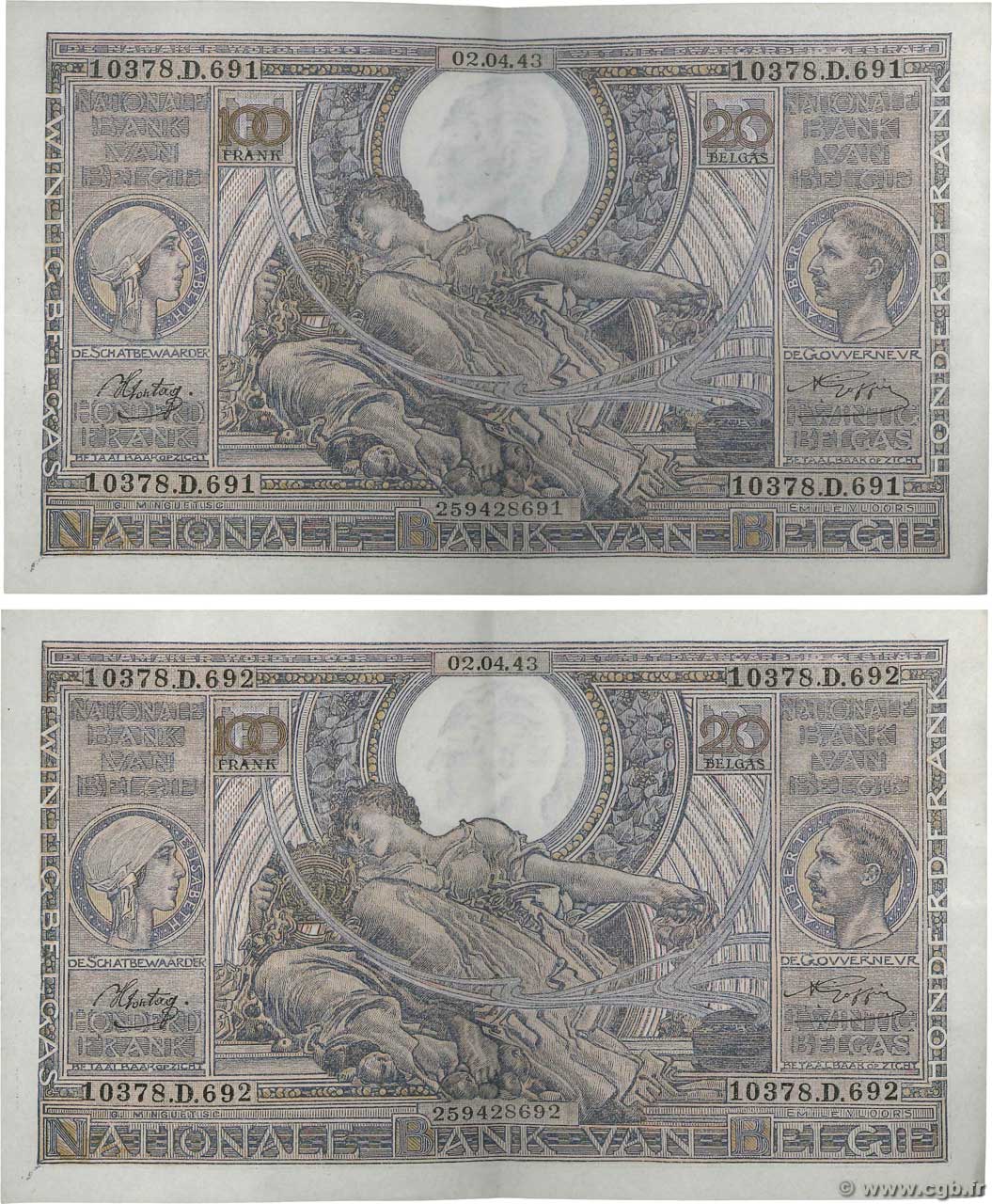 100 Francs - 20 Belgas Consécutifs BELGIUM  1943 P.112 XF