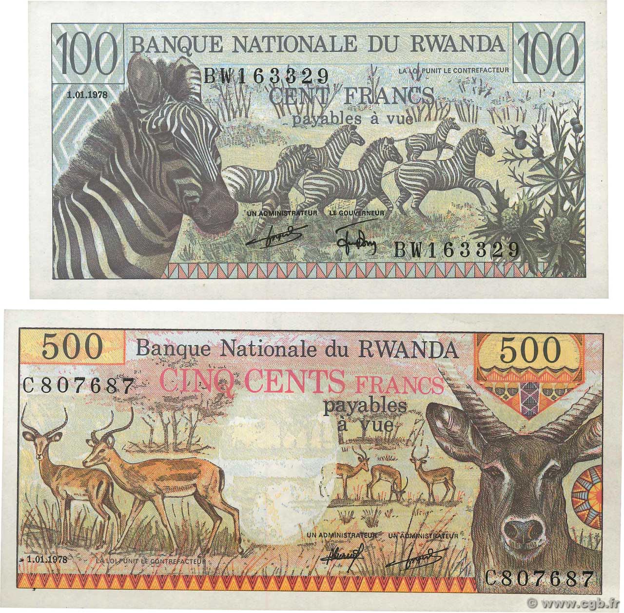 100 et 500 Francs Lot RUANDA  1978 P.12a et P.13a AU