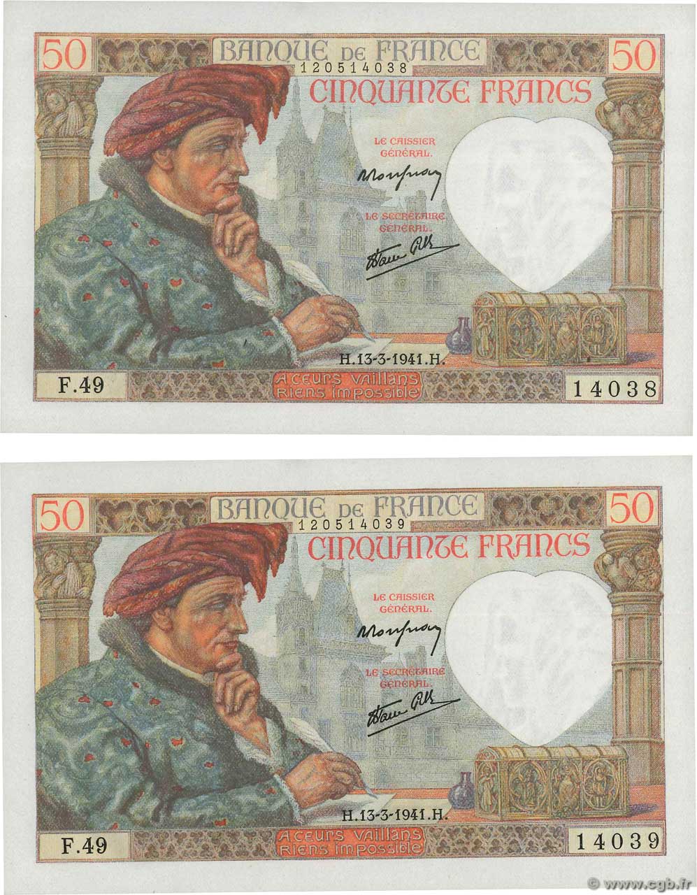 50 Francs JACQUES CŒUR Consécutifs FRANCE  1941 F.19.07 pr.NEUF