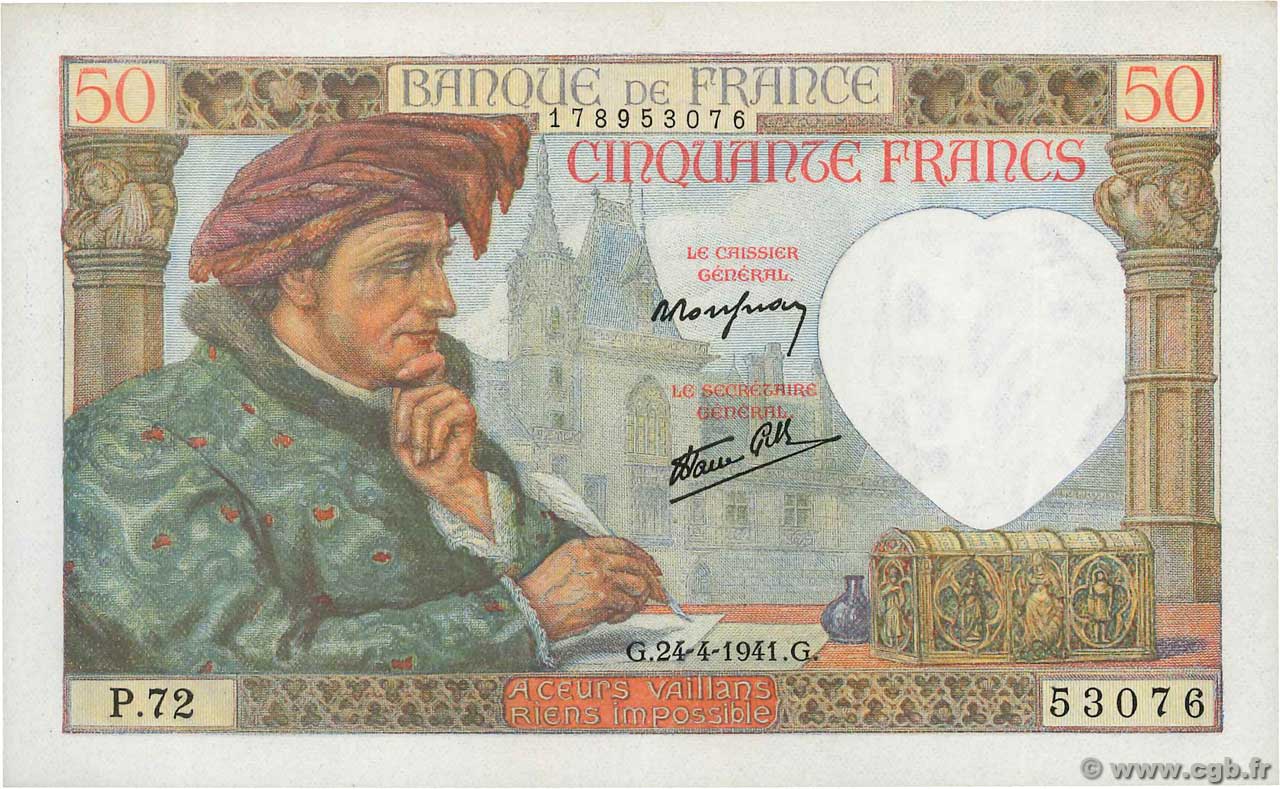 50 Francs JACQUES CŒUR FRANCE  1941 F.19.09 NEUF