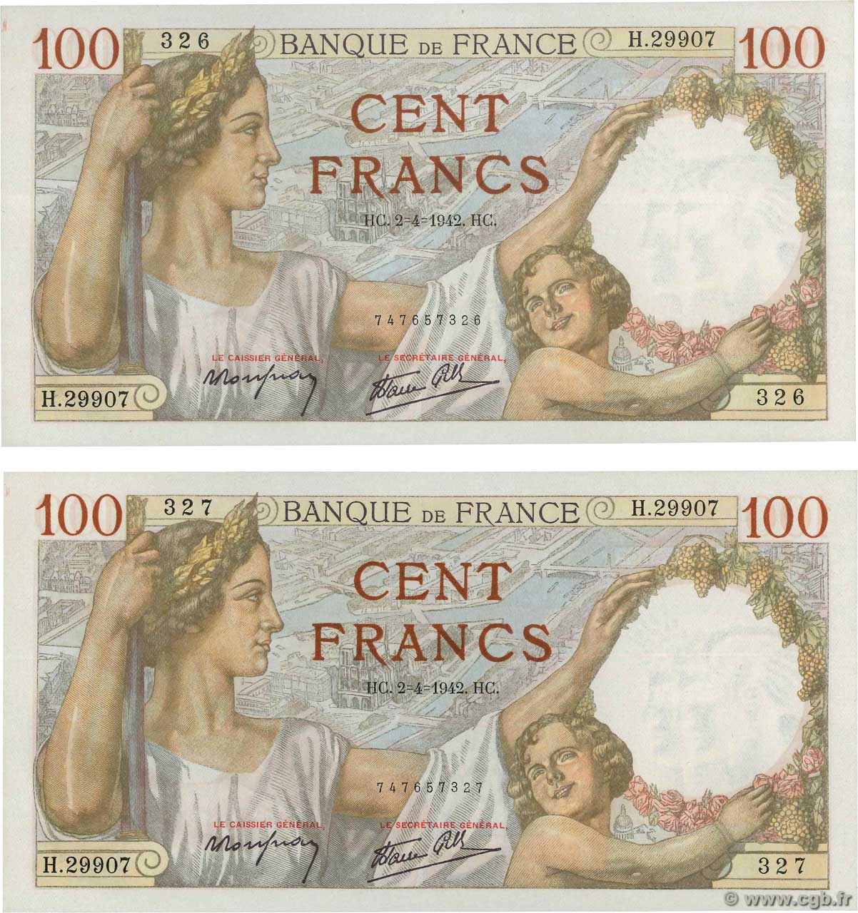 100 Francs SULLY Consécutifs FRANCE  1942 F.26.69 UNC-
