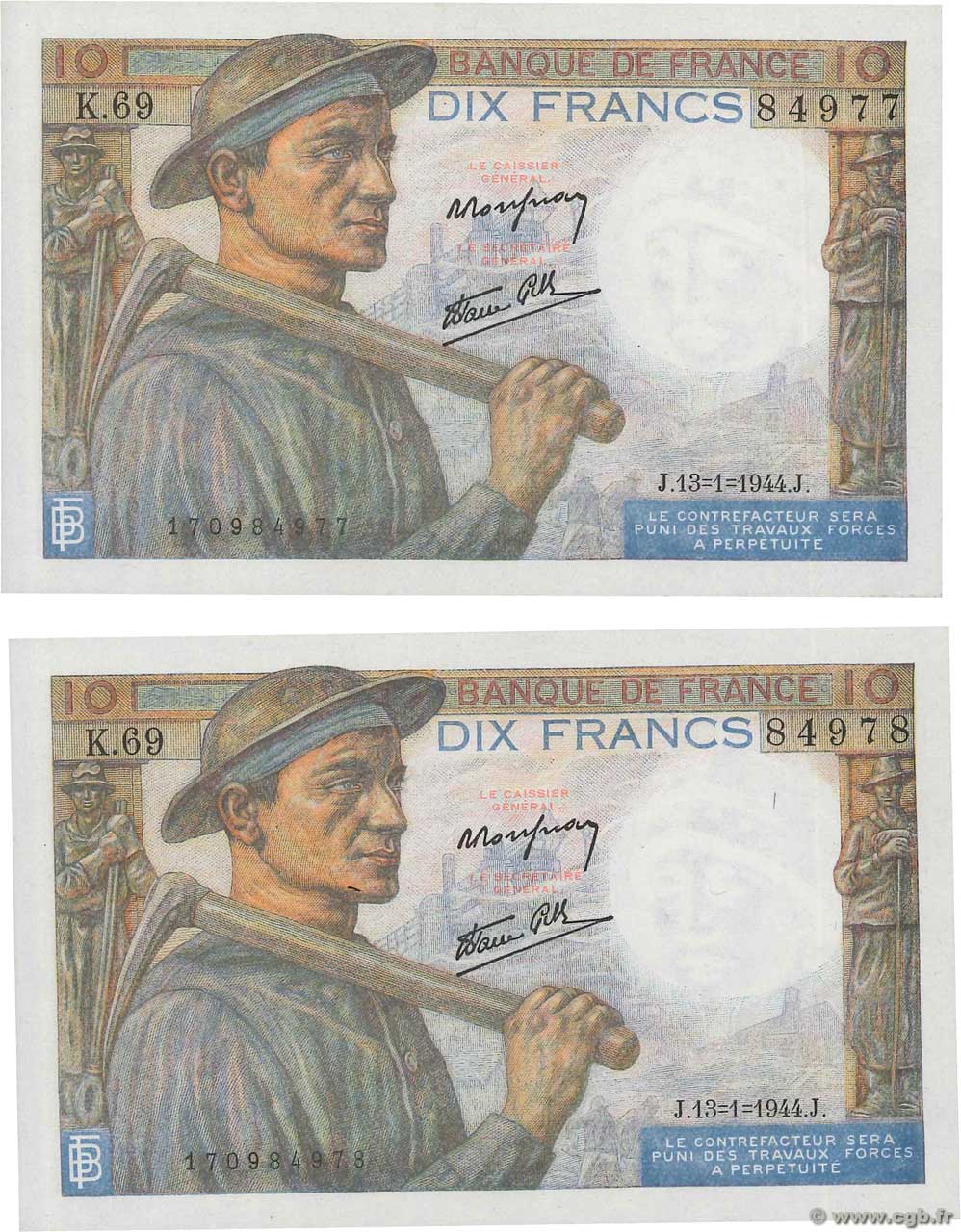 10 Francs MINEUR Consécutifs FRANKREICH  1944 F.08.10 fST+