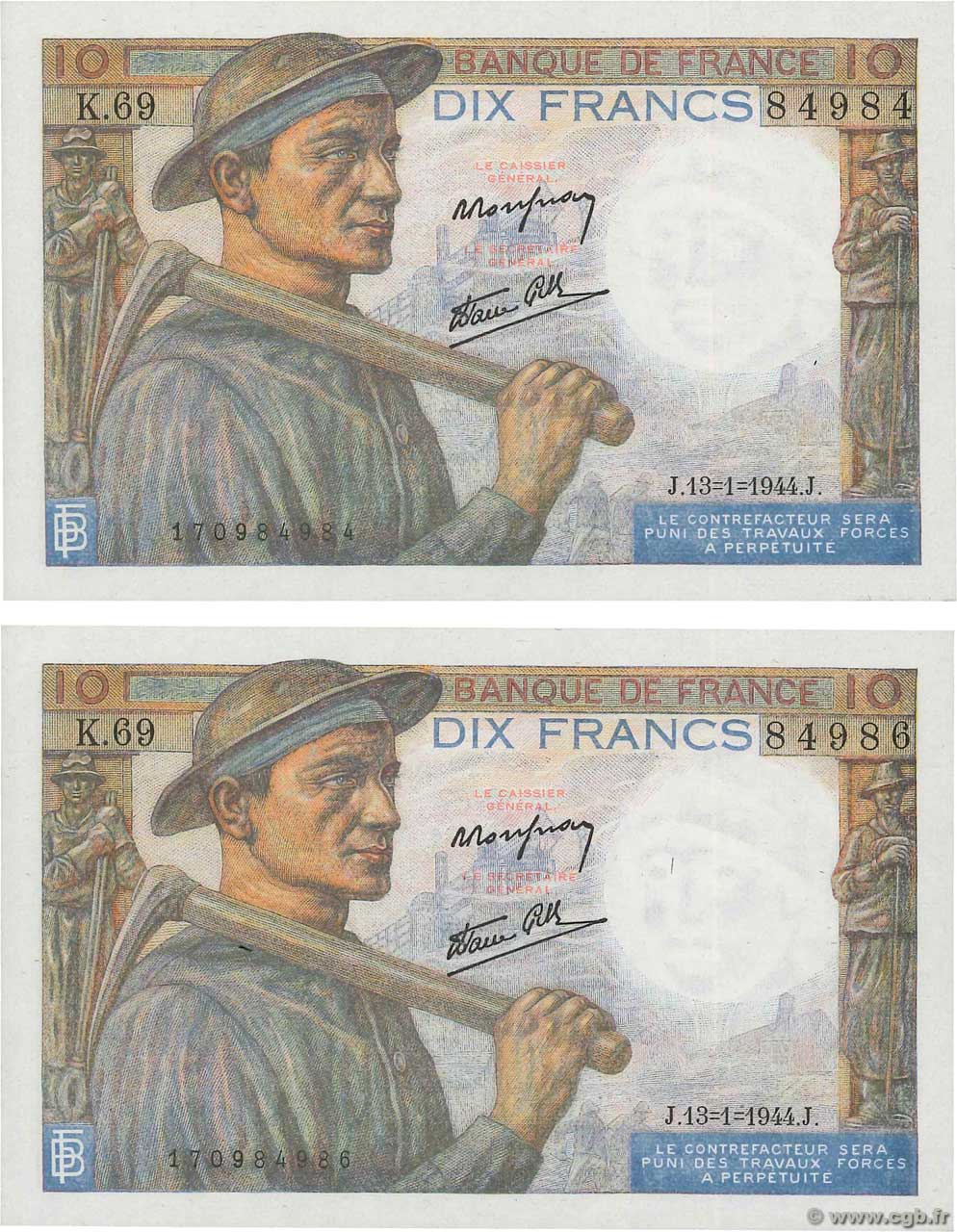 10 Francs MINEUR Lot FRANCIA  1944 F.08.10 SC+