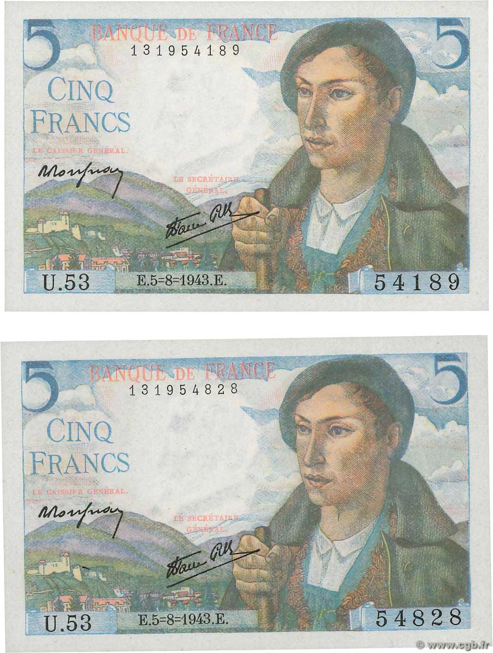 5 Francs BERGER Lot FRANCE  1943 F.05.03 NEUF