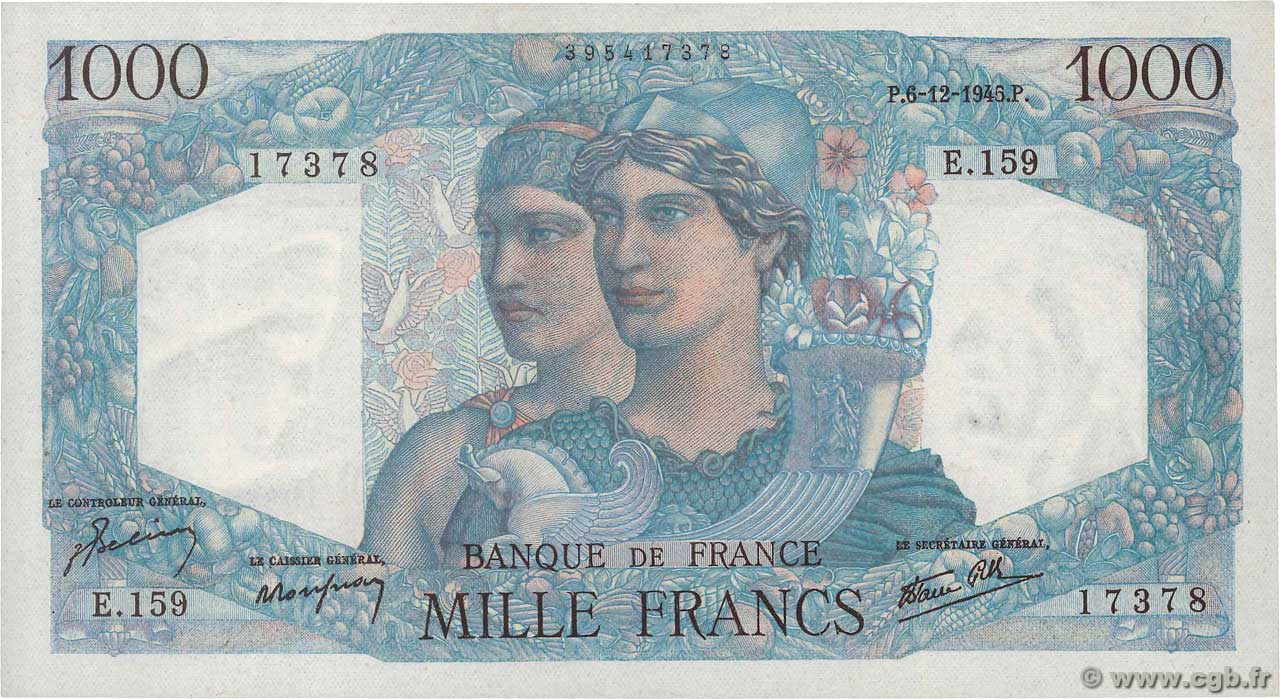 1000 Francs MINERVE ET HERCULE FRANCIA  1945 F.41.09 q.AU
