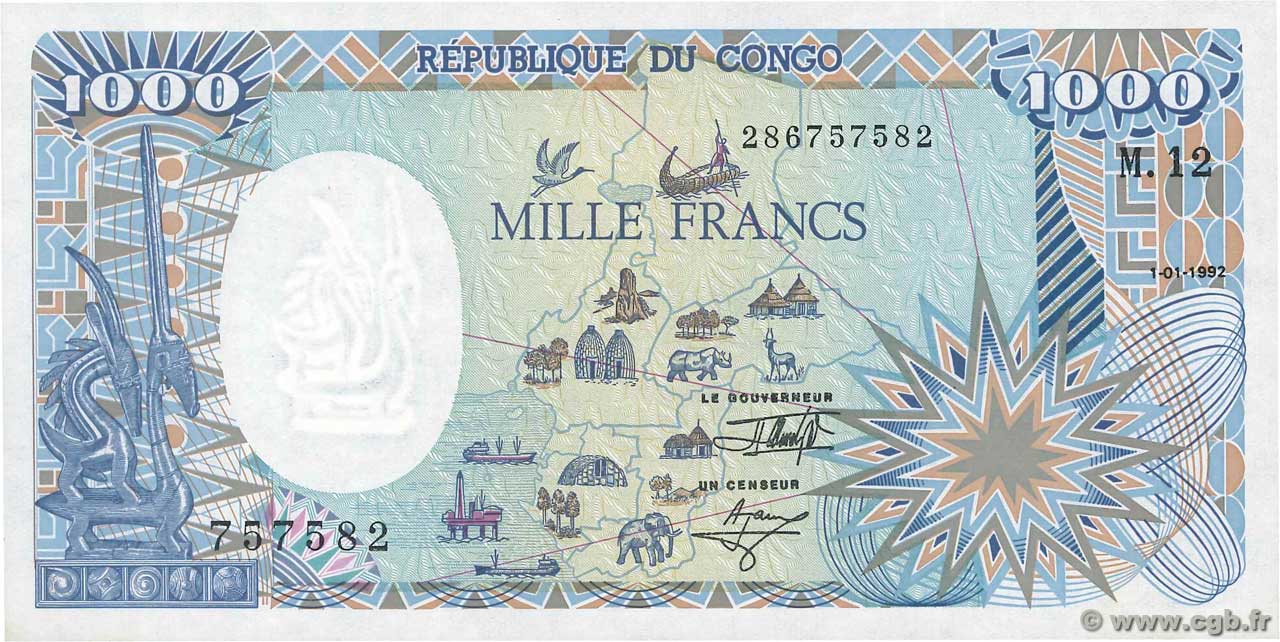 1000 Francs CONGO  1992 P.11 ST