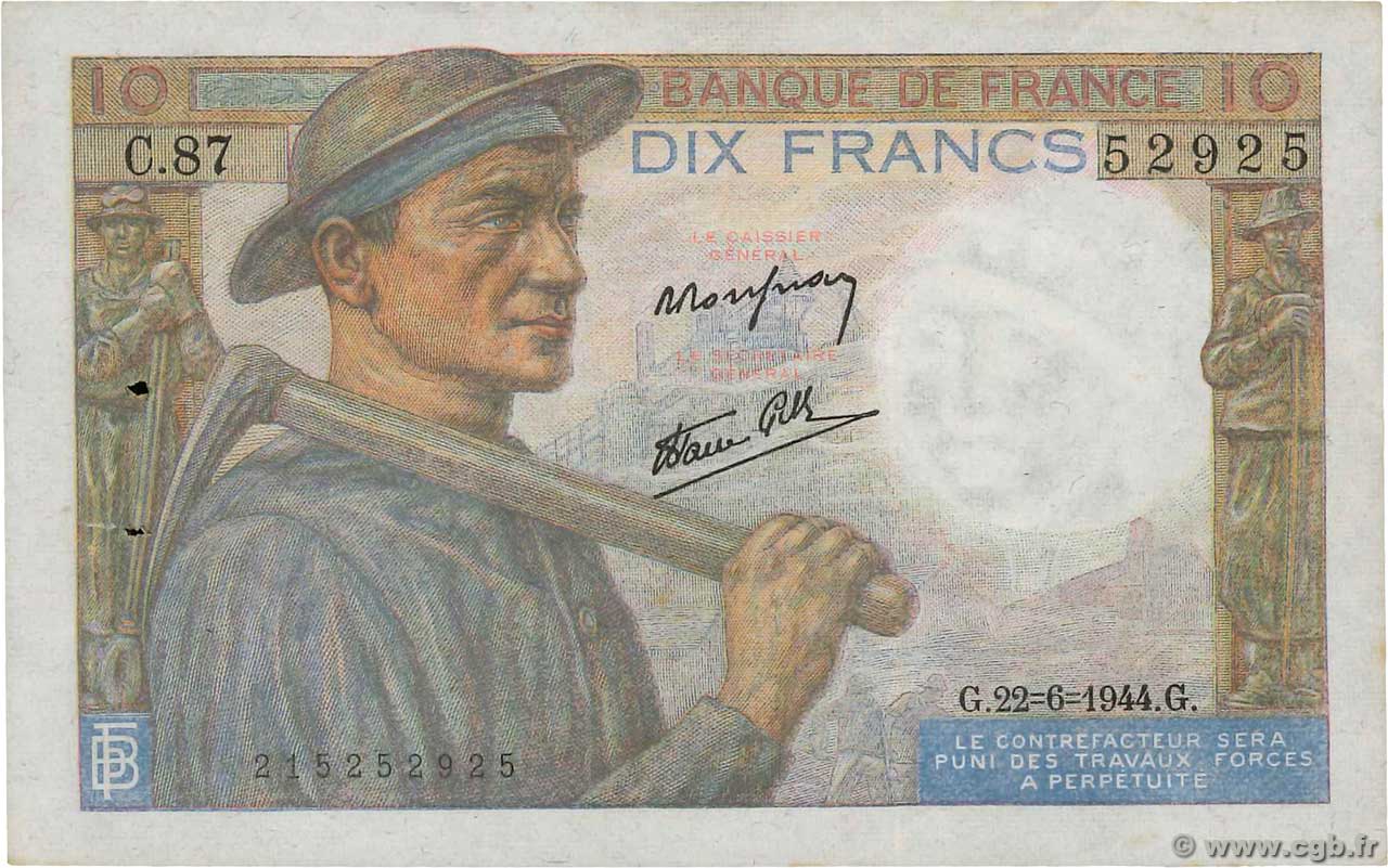 10 Francs MINEUR FRANCE  1944 F.08.12 TTB