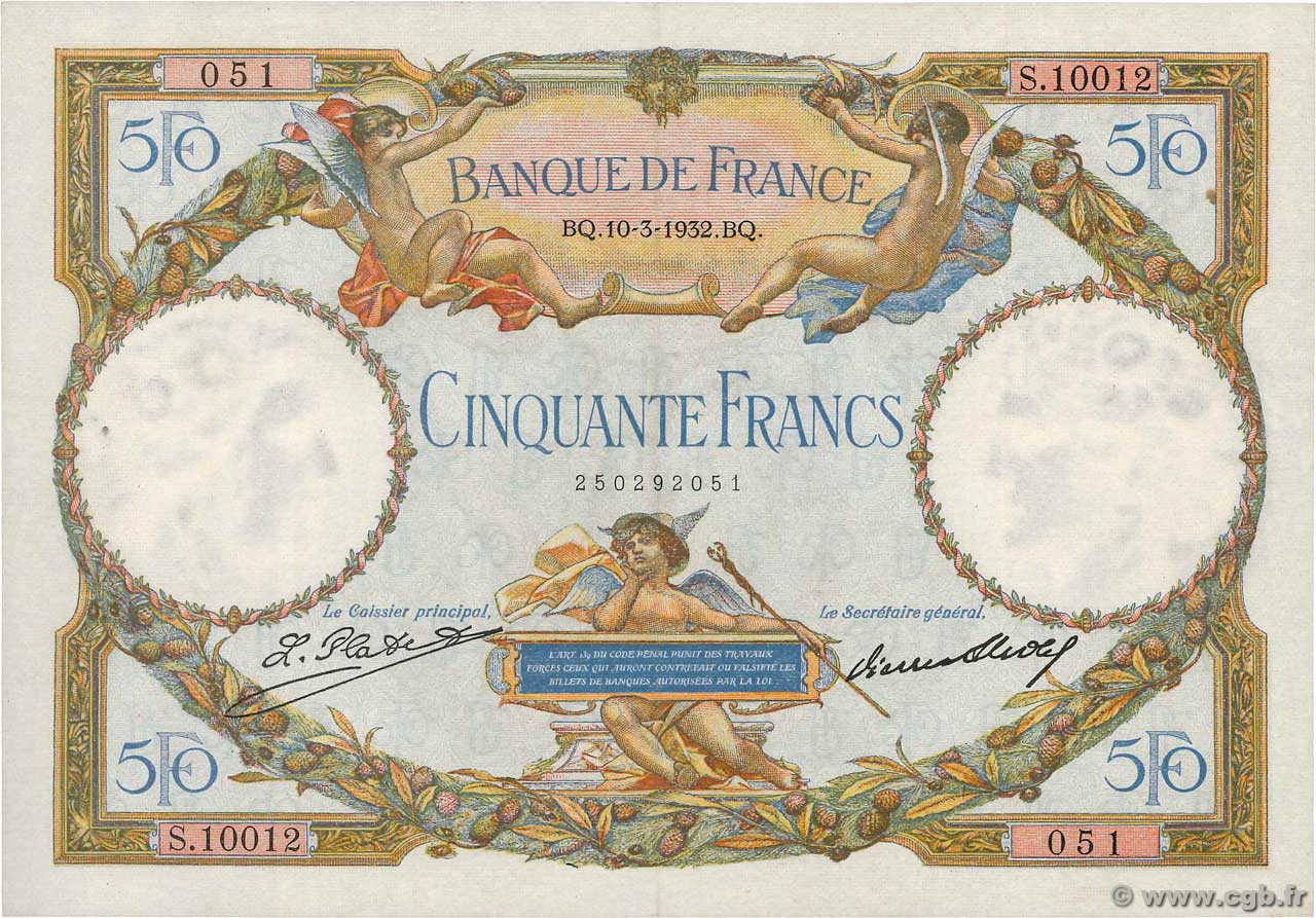 50 Francs LUC OLIVIER MERSON type modifié FRANCIA  1932 F.16.03 EBC