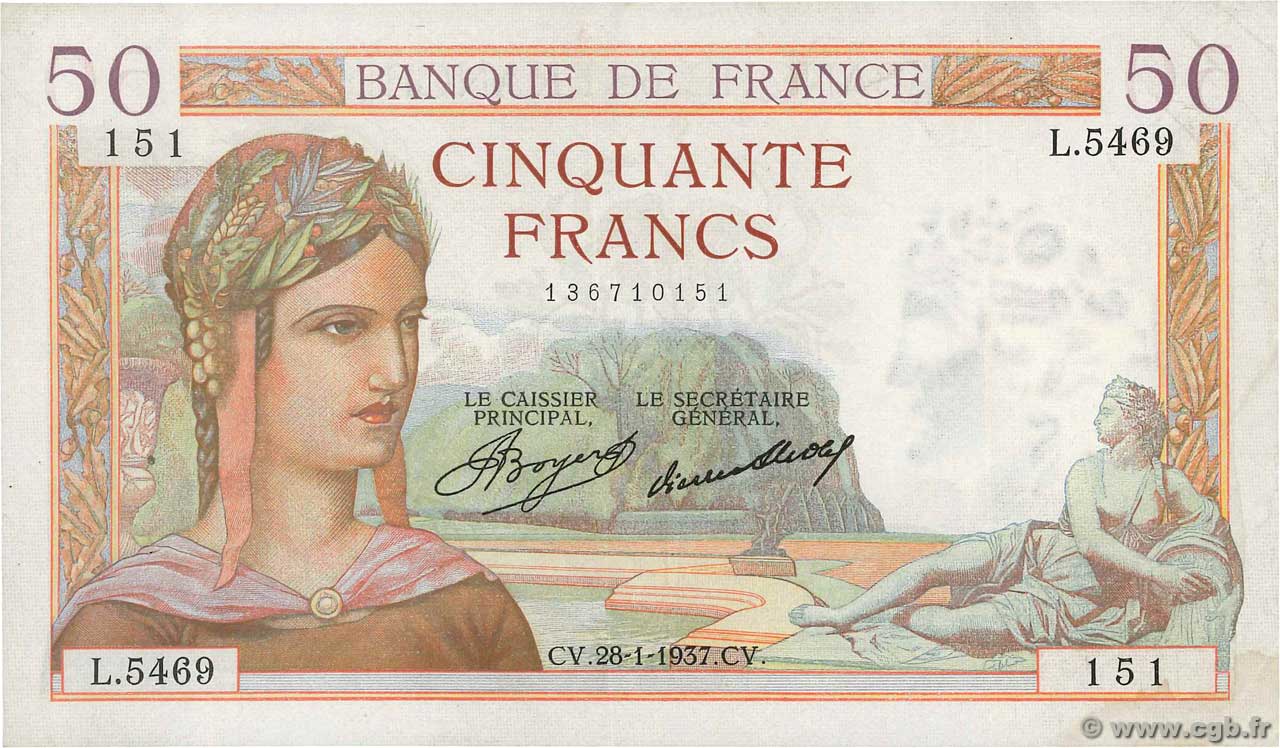 50 Francs CÉRÈS FRANCIA  1937 F.17.33 q.SPL