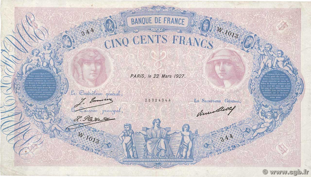 500 Francs BLEU ET ROSE FRANCIA  1927 F.30.30 BC+