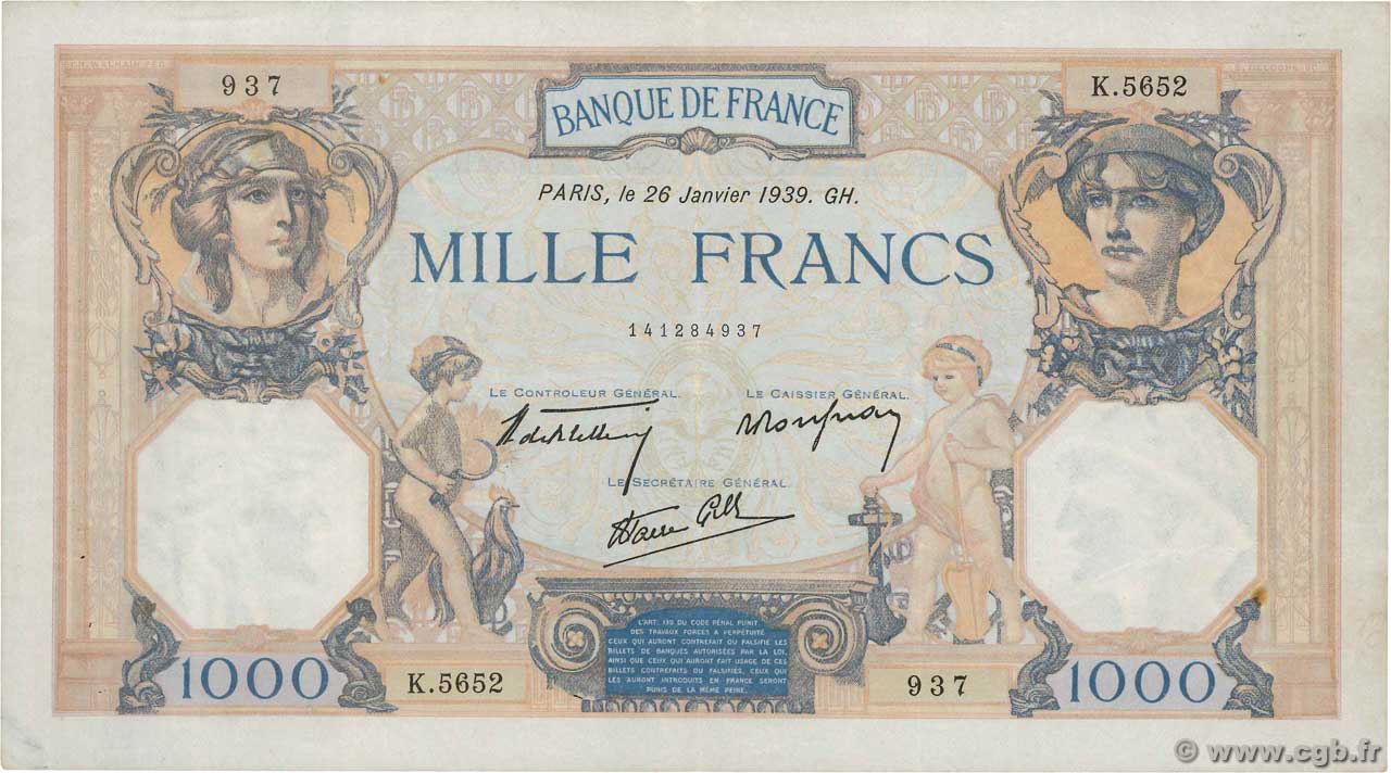 1000 Francs CÉRÈS ET MERCURE type modifié FRANKREICH  1939 F.38.33 fSS