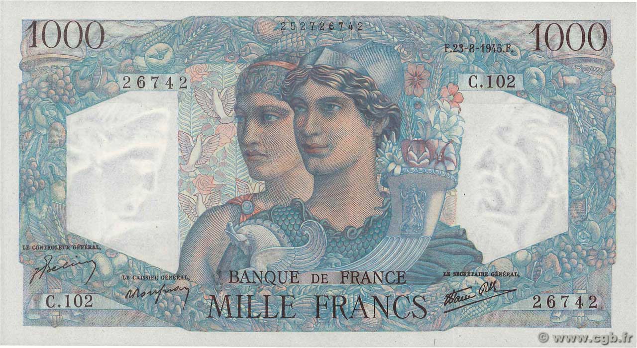 1000 Francs MINERVE ET HERCULE FRANKREICH  1945 F.41.07 ST