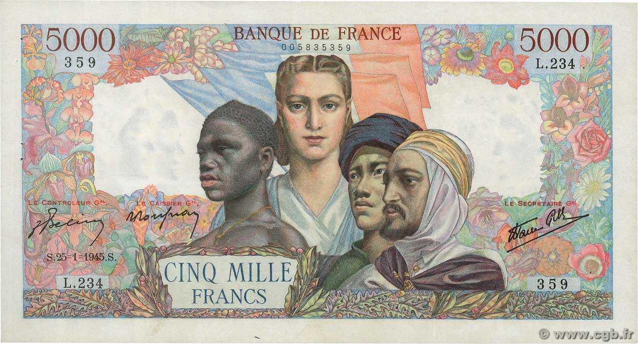 5000 Francs EMPIRE FRANÇAIS FRANCIA  1945 F.47.10 q.SPL