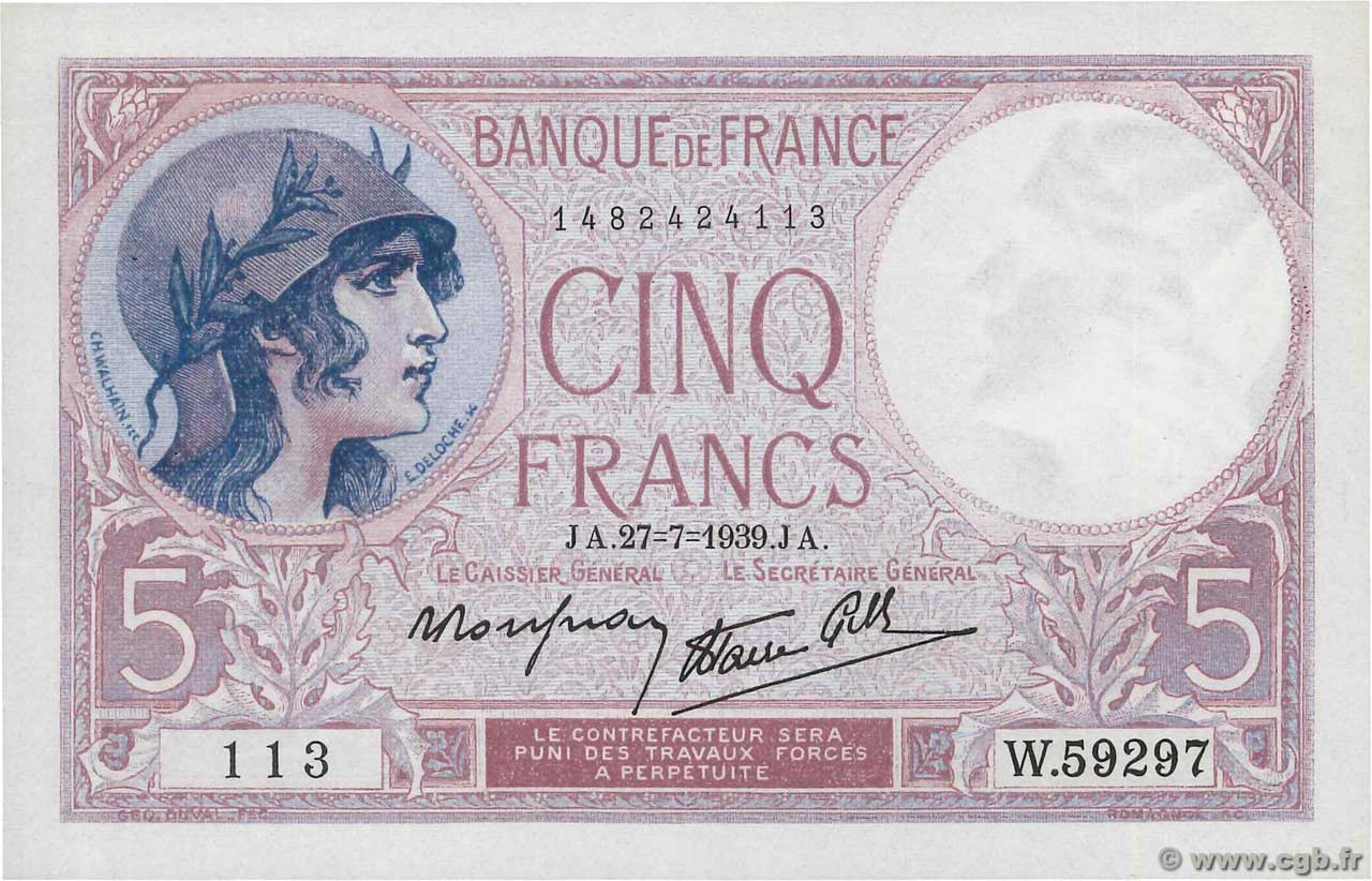 5 Francs FEMME CASQUÉE modifié FRANKREICH  1939 F.04.03 fST