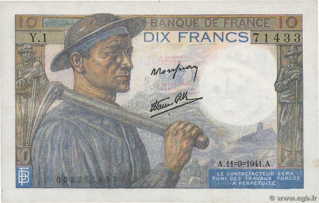 10 Francs MINEUR FRANCE  1941 F.08.01 TTB