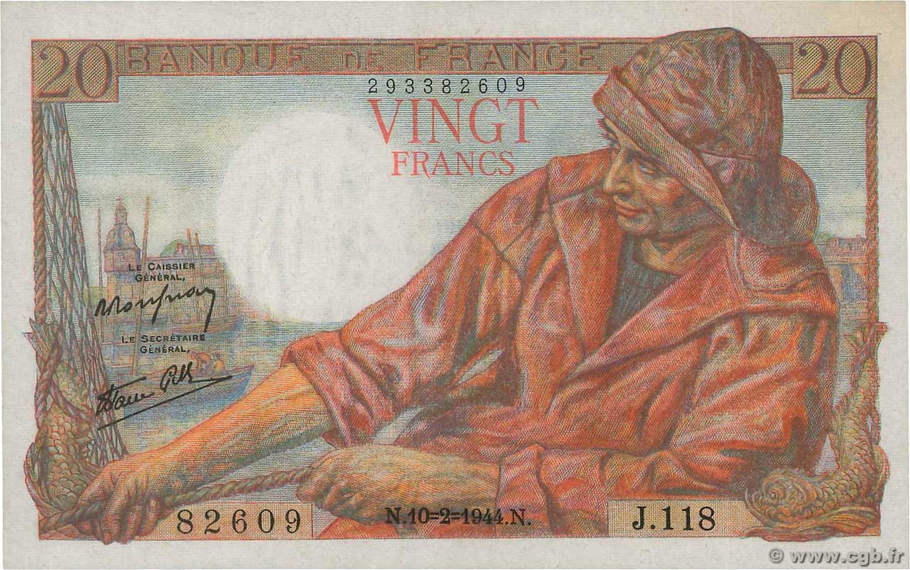 20 Francs PÊCHEUR FRANCIA  1944 F.13.08 AU+